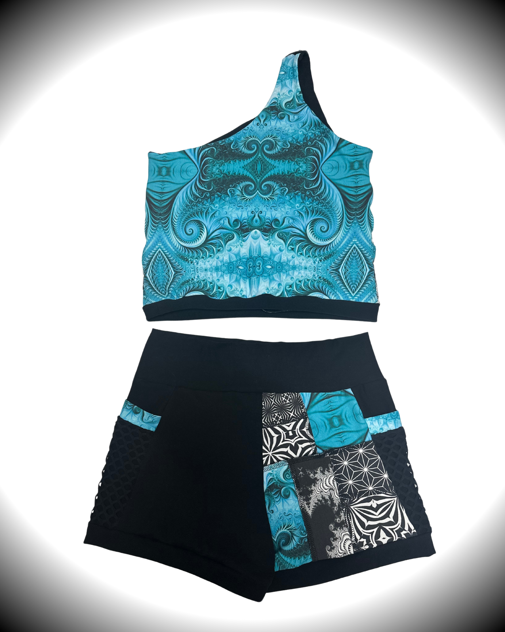 Blue Ice (XL) Patchwork Shorts - TeraFractal